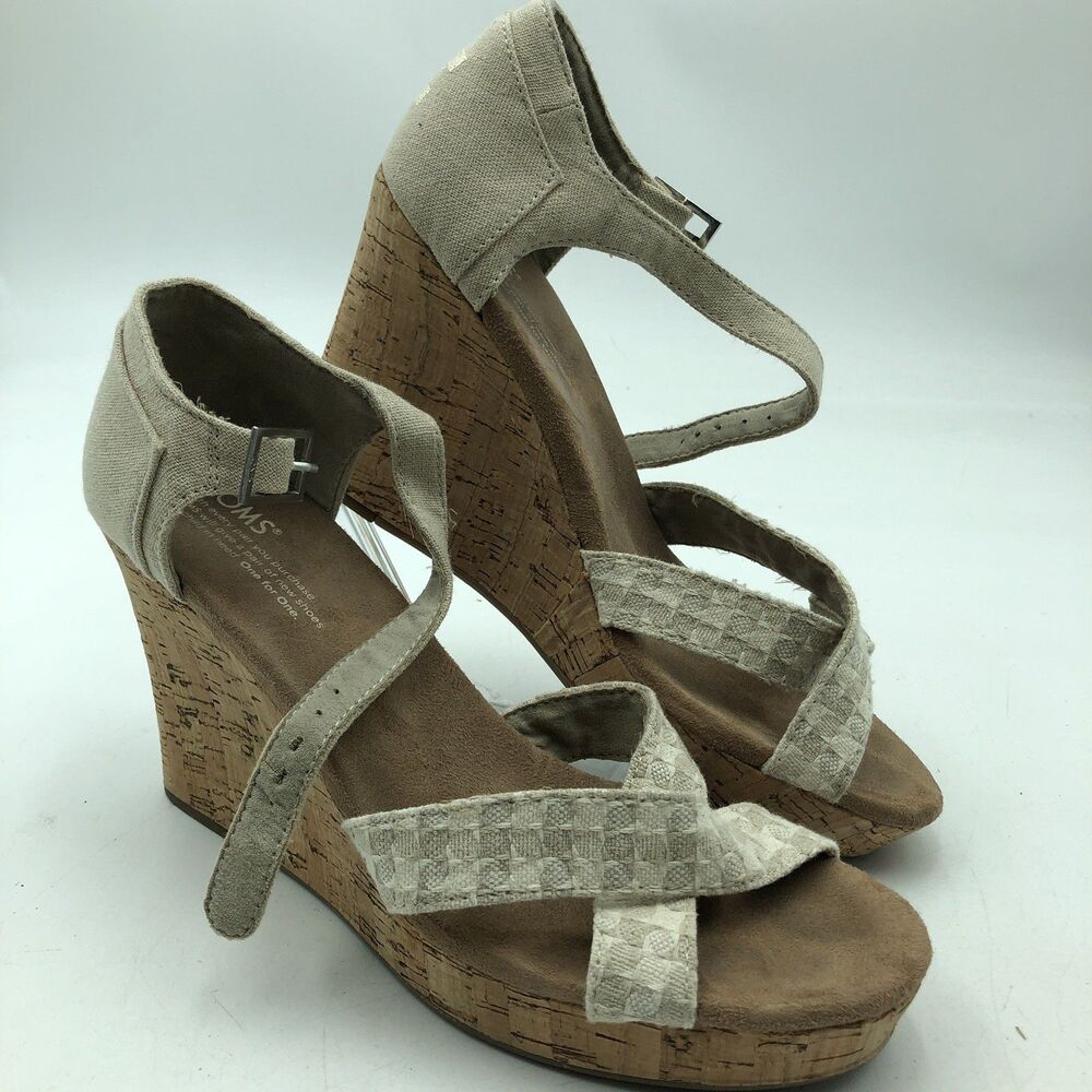 Toms Sandals Womens 9 Sienna Ankle Strap Beige Woven Casual Wedge Heels